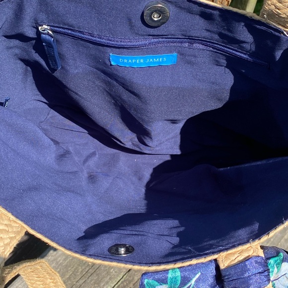 Draper James woven wicker bag inner zip pocket blue lining with scarf accent tie - Picture 5 of 9